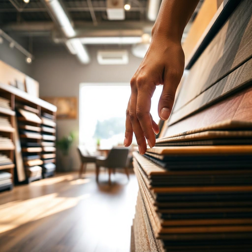 Ruka vybírající vzorky vinylové podlahy v showroomu
