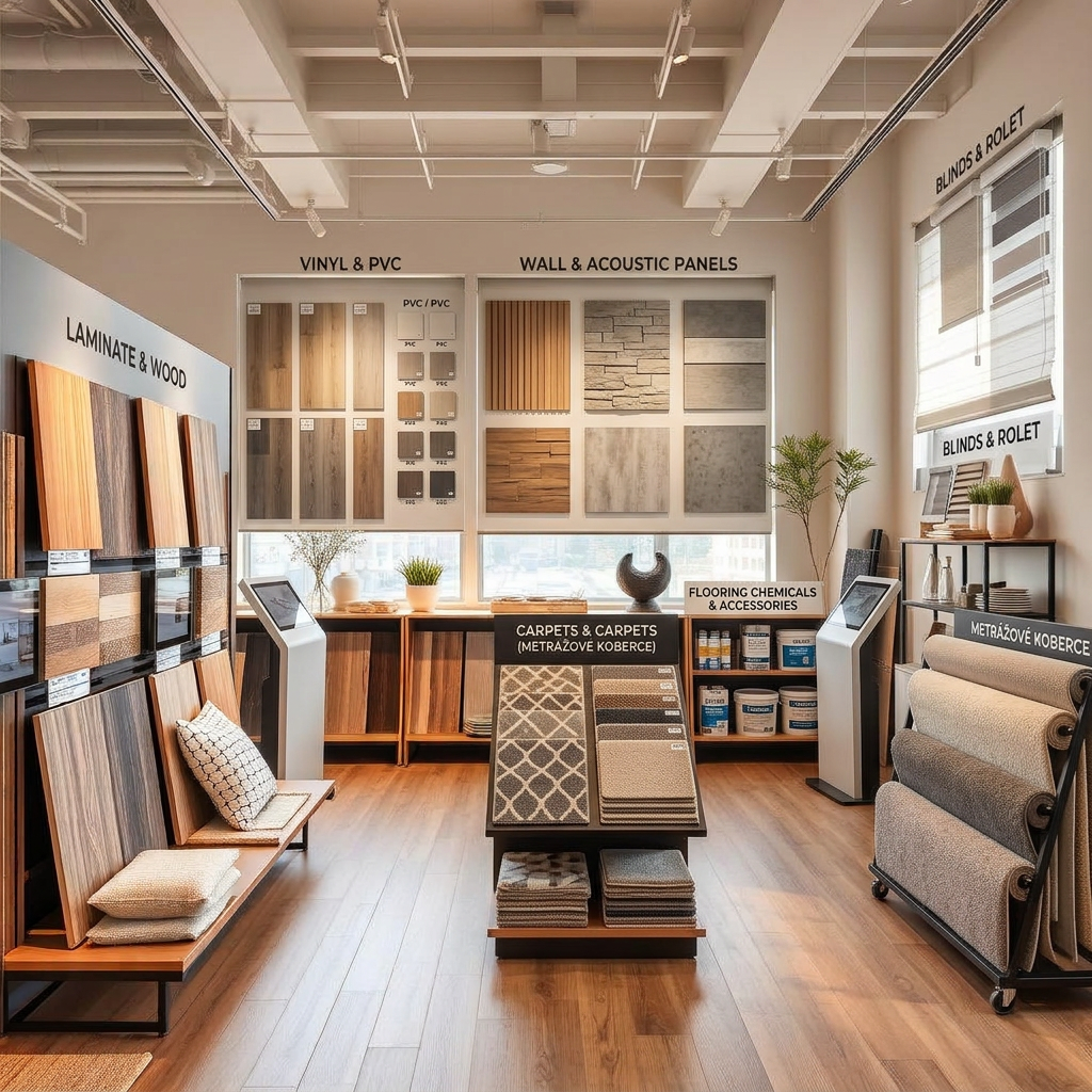 Moderní showroom s podlahovými vzorky, stěnovými obklady a doplňky